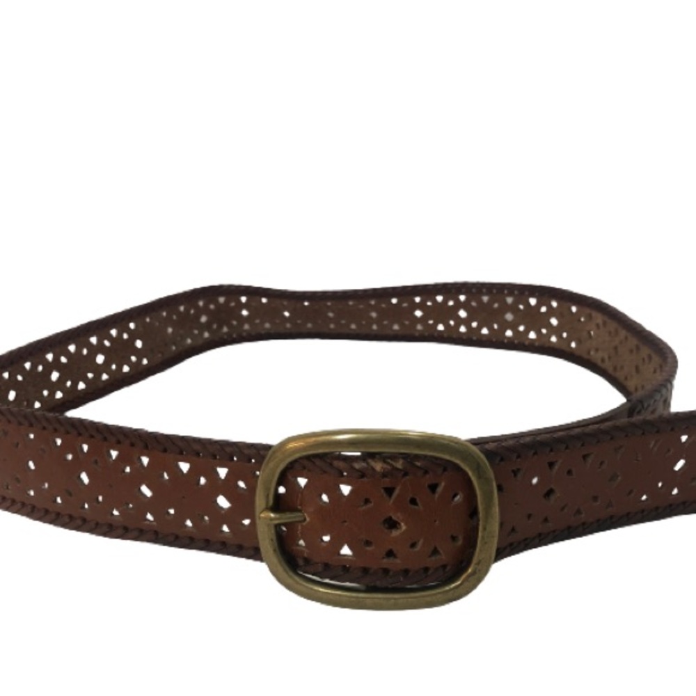 Genuine brown leather chunky bohemian women’s belt with bronze-tone buckle large
